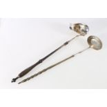 Two antique silver toddy ladles, with baleen handles, makers B B & I A? one with pouring spout.