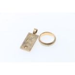 9ct gold ingot pendant, London 1938, Alfred Terry Ltd, 5.5g, and a 14K stamped wedding band, size J,