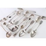 Collection of 800 grade silver spoons, a pair of antique silver sugar tongs, a silver mustard spoon,