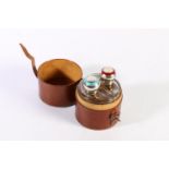Victorian leather cased cylindrical twin bottle travelling set, with sterling silver and enamel tops