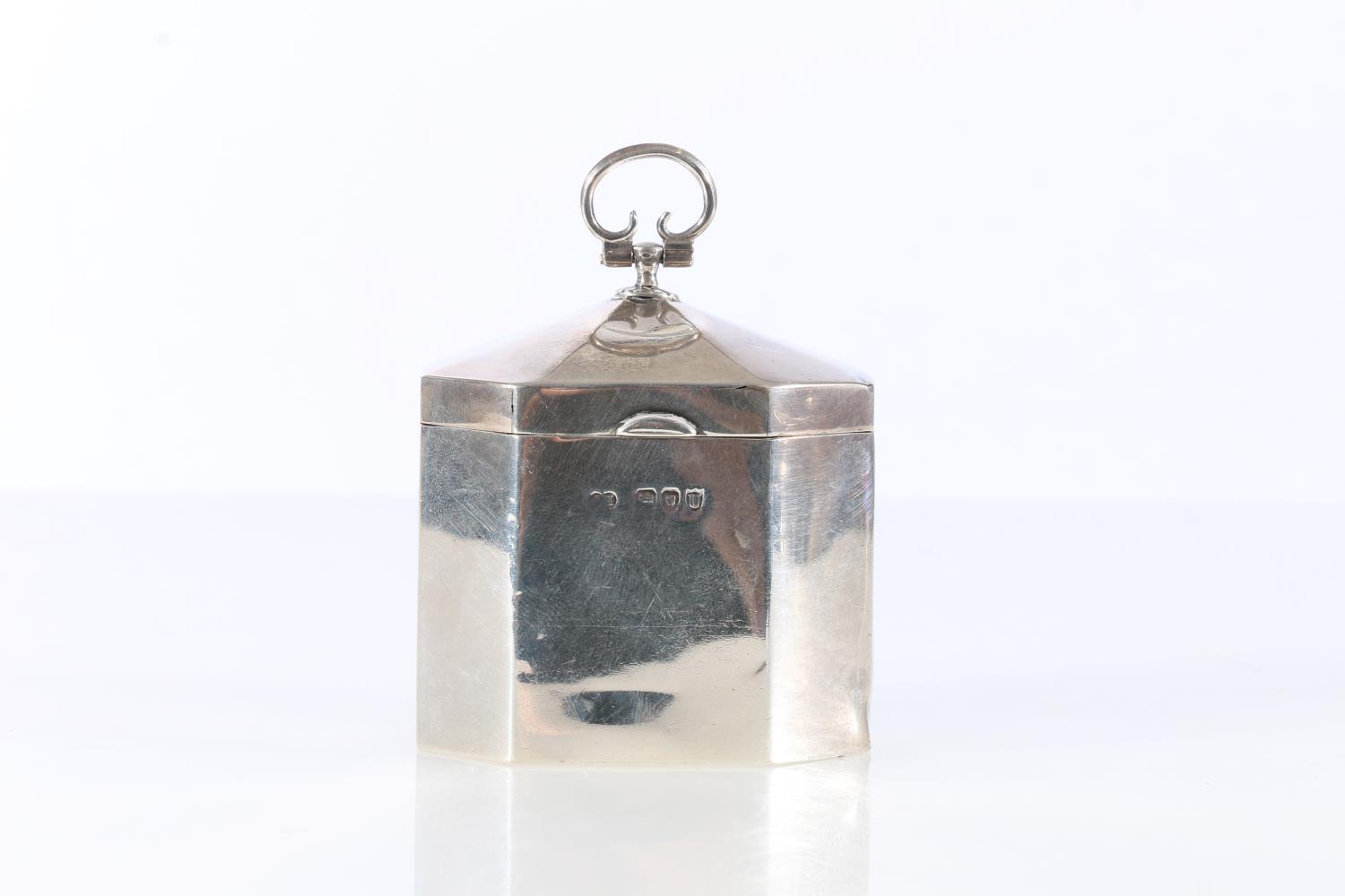 Victorian sterling silver hexagonal tea caddy with loop handle, Sibray, Hall & Co. London, 1895,