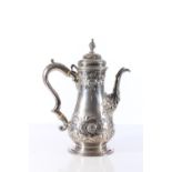 Georgian sterling silver coffee pot, with heavy foliate decoration, on stepped base, makers mark