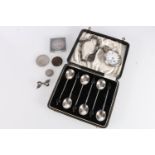 Cased set of sterling silver coffee bean spoons, 39 grams, silver pocket watch, Kendal and Dent,