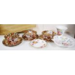 Three Imari cabinet cups and saucers, similar plate, a Wedgwood 'Meadow-Sweet' pattern dish and