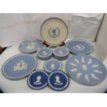 Group of Wedgwood blue Jasper ware to include commemorative items, pin dishes etc.  (15)