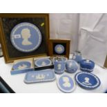 Group of Wedgwood blue Jasper ware, mainly commemorative items, to include pin dishes, plaque,