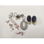 Group of 925 silver to include a pair of Art Deco-style lapis-type earrings, agate-style pendant