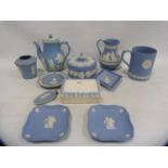 Group of Wedgwood blue Jasper ware to include teapot, milk jug, circular jar and cover, scent