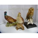 Beswick figure of a pheasant, Beswick bird and a porcelain owl figure.  (3)