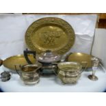 EP three-piece tea set, silver loaded bud vase, oriental brass dishes, embossed brass wall plaque