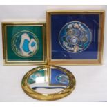 Two eastern-style framed embroideries and a modern convex wall mirror.  (3)