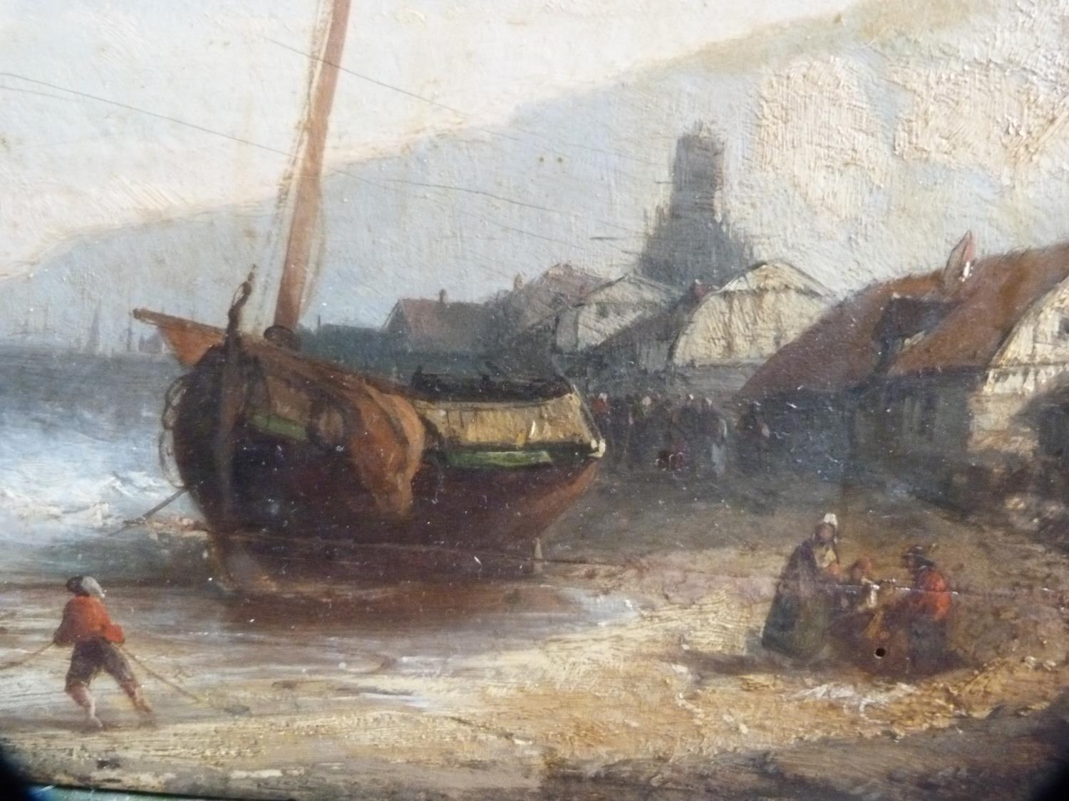 19th Century Flemish School Beach scene with fishing boats, figures and houses to the background, - Bild 2 aus 4