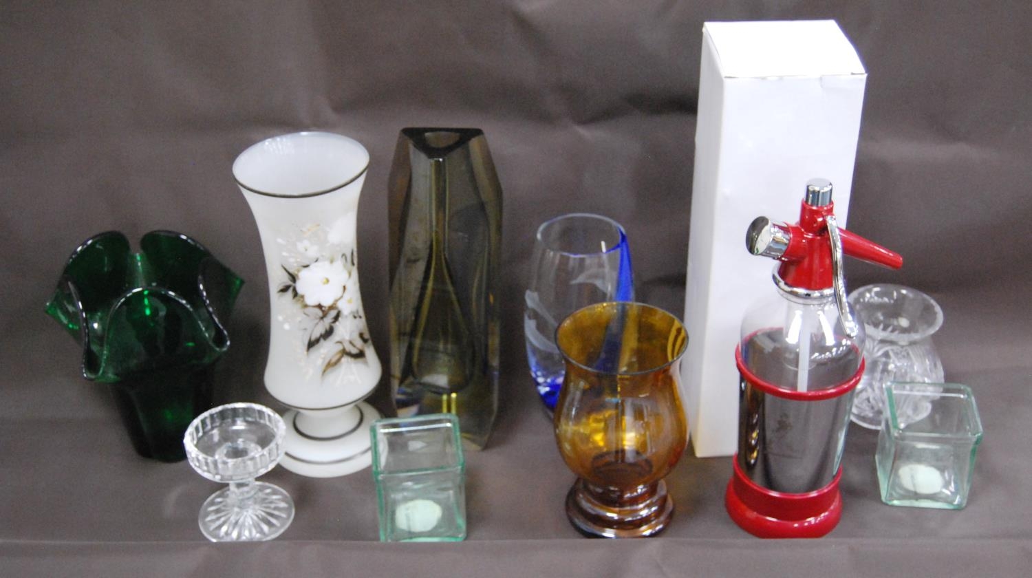 Group of coloured and other glassware to include Caithness Glass vase, soda syphon, opaque glass