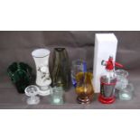 Group of coloured and other glassware to include Caithness Glass vase, soda syphon, opaque glass