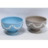Wedgwood blue Jasperware bowl with wreath decoration and another near-matching brown-glazed