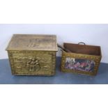 Brass log box containing vintage telephones, accessories and a brass magazine rack, antique water