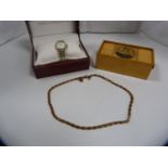 Mauchline-style box, a modern Rotary lady's wristwatch and a costume neck chain.