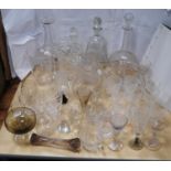 Collection of cut and other glassware to include assorted decanters and stoppers, vases, jug,