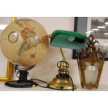 Modern globe, desk lamp and a reproduction hall lantern.