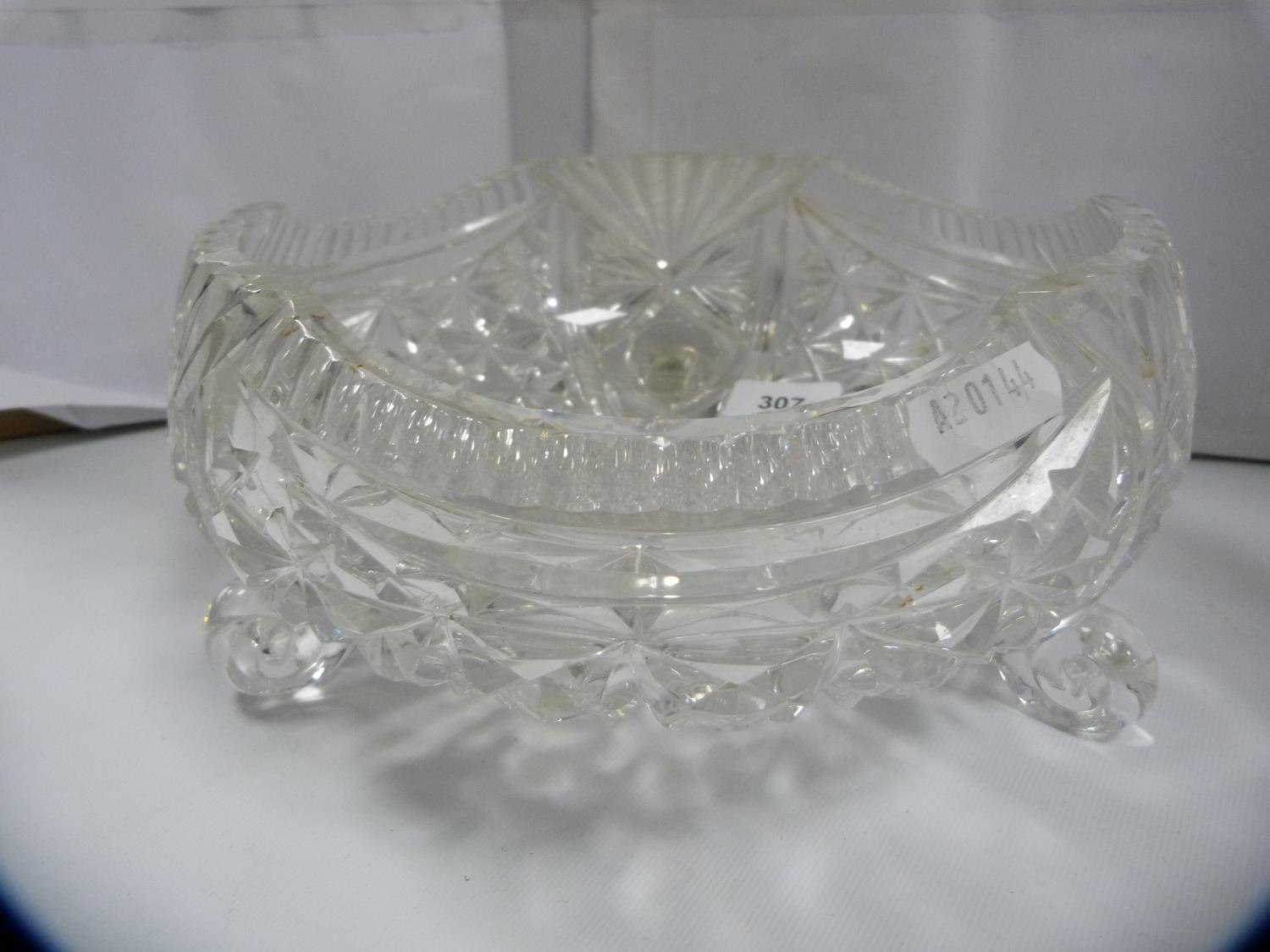 Cut glass bowl on tripod feet and a boat-shaped bowl.  (2) - Image 3 of 4