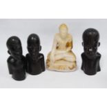 Oriental alabaster-style figure and three small African tribal figures.  (4)