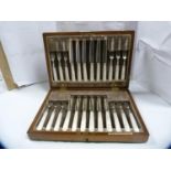 Set of twelve EP fruit knives and forks with mother of pearl-style handles, retailed by Brook &