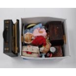 Collection of assorted ornaments to include Semco Mickey Mouse puppet, doll, china, compact,