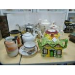 Collection of various teapots including gilt decorated Victorian teapot, Ye Olde England teapot etc.