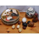 Mineral eggs, group of limited edition Norman Rockwell collector's plates, oriental ginger jar and