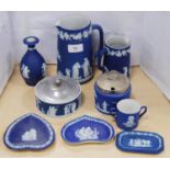Group of Wedgwood blue Jasper ware to include jugs, spill vase, preserve jars and covers, heart-