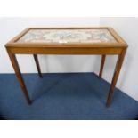 Walnut table with Victorian beadwork panel top.