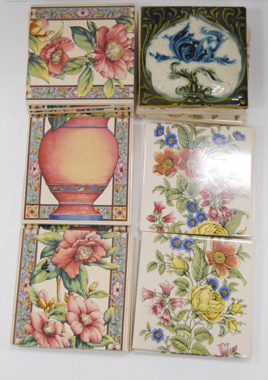 Collection of glazed ceramic tiles to include William de Morgan-style tile with floral
