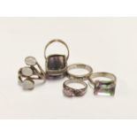 Group of five 925 silver rings set with various stones, 31.2g gross.