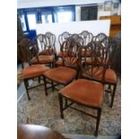 Set of ten Hepplewhite-style mahogany wheatsheaf dining chairs with trefoil tops, including two