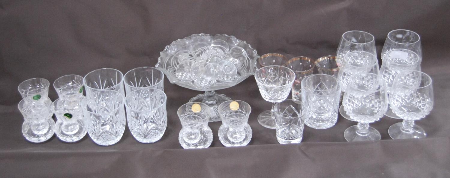 Group of crystal and glass to include a comport, brandy glasses, whisky tumblers and liqueur glasses