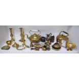 Collection of brass to include toddy kettle, pair of brass candlesticks, ornaments, modern