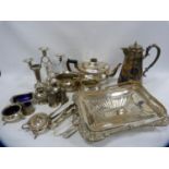 Group of assorted EP to include three-piece tea set, water pot, condiments, candelabrum, cake basket