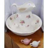 Ceramic toilet ewer and matching basin with floral decoration, and ceramic miniature teapot