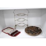 Set of six EP coffee spoons, cased, cake stand, limited edition plaque commemorating the