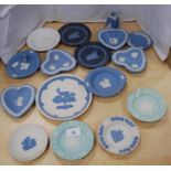 Collection of Wedgwood Jasper ware, various colours, to include wall plates, pin dishes, clover-