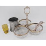Monogrammed pewter tankard, trefoil EP-mounted and glass preserve set with spoons and a brass