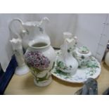 Crown Staffordshire 'Kowloon' vase and four other similar pieces, pair of Aynsley candlesticks,