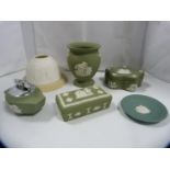 Group of Wedgwood green Jasper ware to include spill vase, lighter, shaped trinket box and cover,