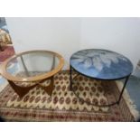 Retro teak circular coffee table with glass top and a contemporary circular coffee table.  (2)
