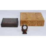 Specimen-style inlaid stationery box, middle eastern-style inlaid box and a modern pocket watch in a