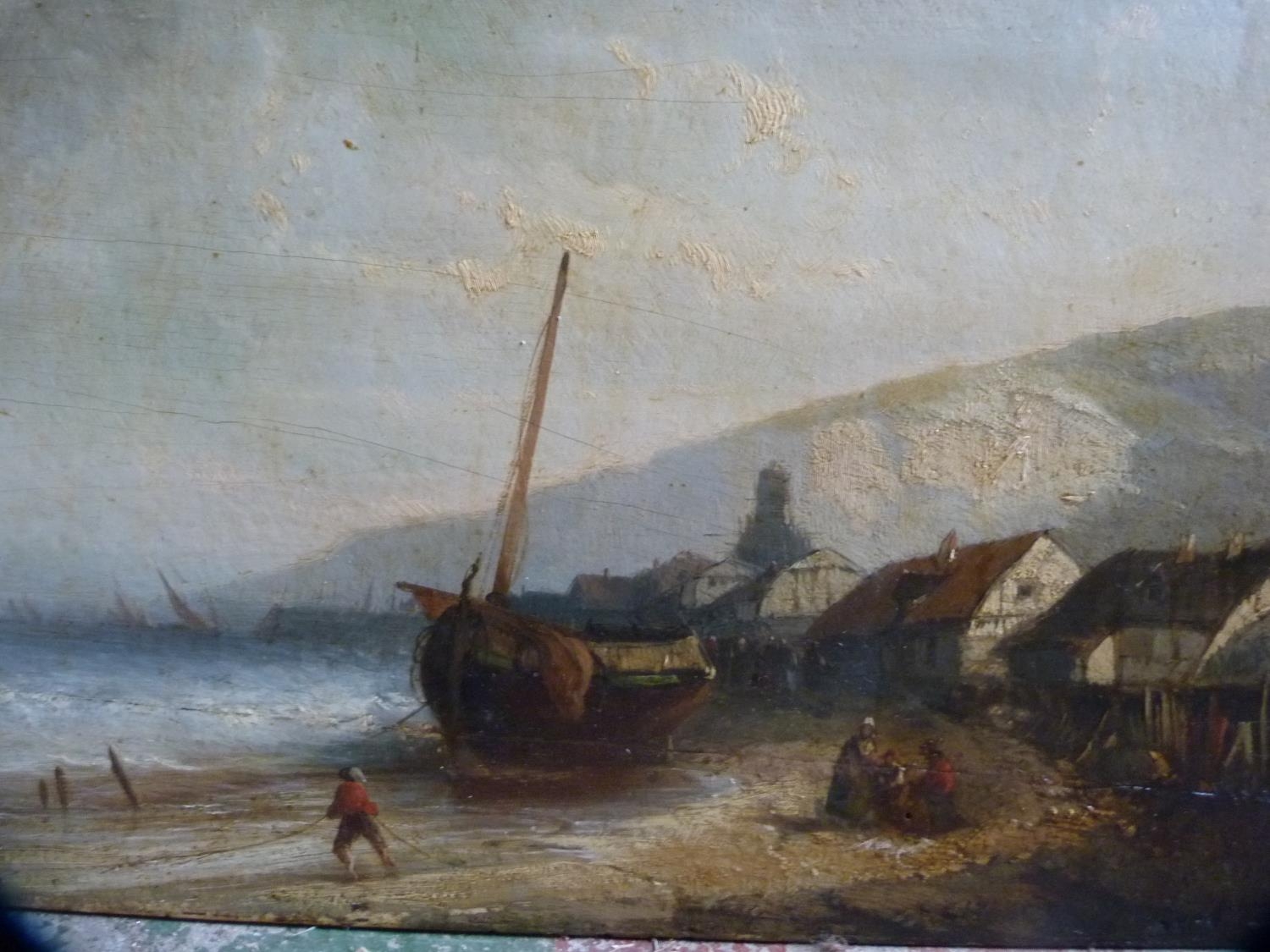 19th Century Flemish School Beach scene with fishing boats, figures and houses to the background,