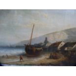 19th Century Flemish School Beach scene with fishing boats, figures and houses to the background,