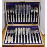 Set of twelve EP fish knives and forks with mother of pearl handles, cased.