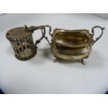 Silver mustard pot, 3.23oz, and an Elkington Plate mustard frame.  (2)