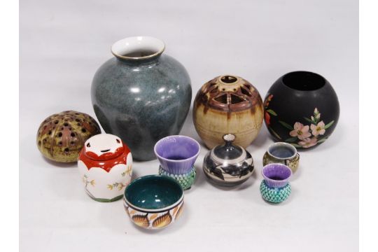 Art pottery bowls and vases, oviform vase, spill vases modelled as thistles etc. - Image 1 of 6